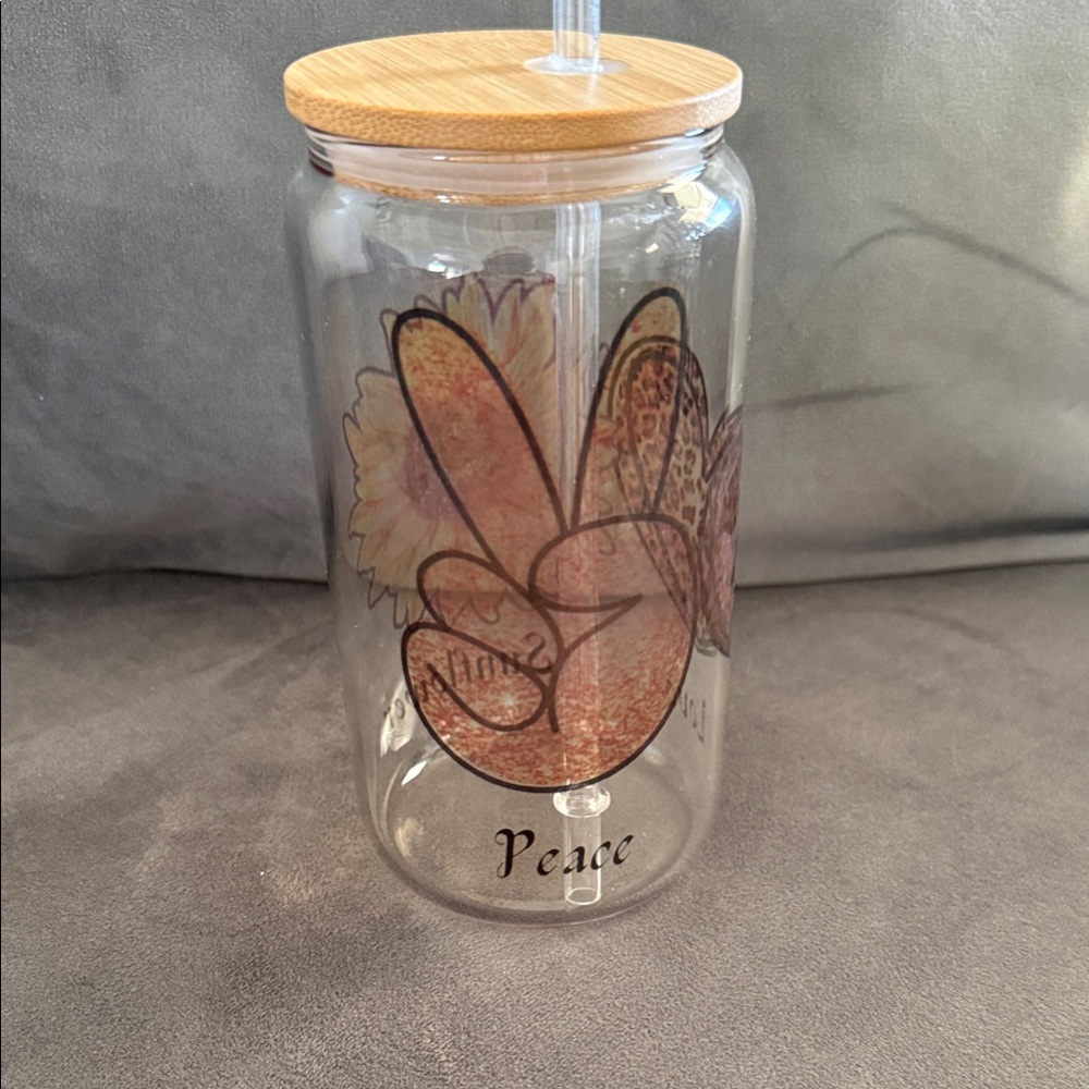 Peace Design Glass Tumbler with Bamboo Lid